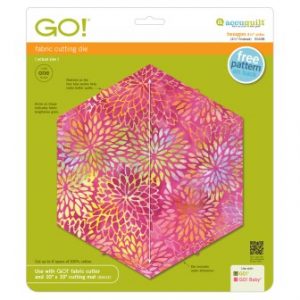 AccuQuilt GO! Hexagon 4 1/2 inch sides fabric cutting die packaging with sample quilt block.