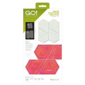 AccuQuilt GO! English Paper Piecing Jewel Petal 1 inch finished fabric die packaging with jewel shape samples