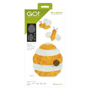 AccuQuilt GO! Bee and Beehive fabric cutting die package showing assembled bumblebee and beehive applique shapes