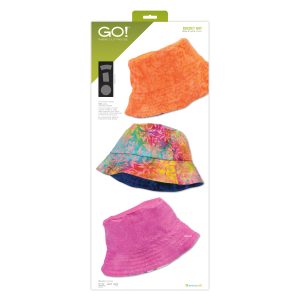AccuQuilt GO! Bucket Hat Die Board 55525 showing top, side, and brim cutting shapes next to a completed floral fabric bucket hat.