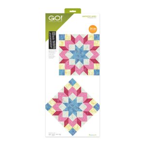 AccuQuilt GO Carpenter Wheel Die 55531 showing die board layout and completed 18 inch quilt block