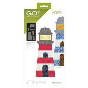 AccuQuilt GO! Lighthouse Die appliqué cut examples showing a assembled fabric lighthouse