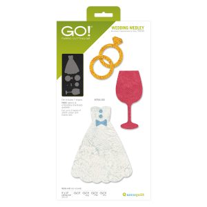 AccuQuilt GO Wedding Medley Die 55636 showing fabric appliqué cutouts of a wedding dress, wine glass, diamond ring, bowtie, and accents