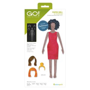 AccuQuilt GO Paper Doll Die 55637 showing fabric cutouts of a doll and four hairstyles by TipStitched