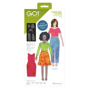 AccuQuilt GO Paper Doll Clothes Die 55638 showing fabric outfit cutouts including a top, skirt, dress, and pants