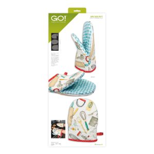 AccuQuilt GO Mini Oven Mitt Die 55640 showing quilted kitchen mini oven mitts made with printed cotton fabric