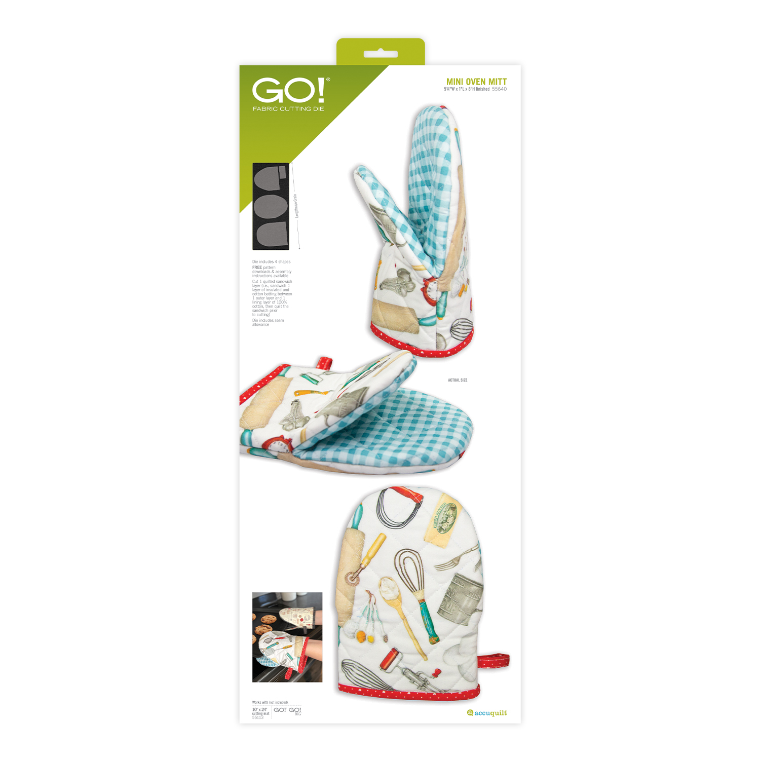 AccuQuilt GO Mini Oven Mitt Die 55640 showing quilted kitchen mini oven mitts made with printed cotton fabric
