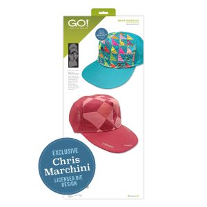 AccuQuilt GO! Quilted Trucker Hat Die 55648 by Chris Marchini showing the 5 cutting shapes alongside a red quilted trucker hat.