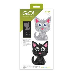 AccuQuilt GO Kitten Die 55672 showing black and grey fabric cat appliqué cutouts with pink ears and cute eyes