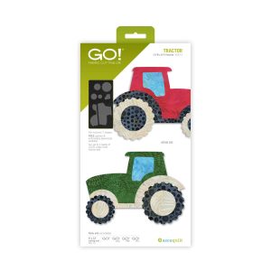 AccuQuilt GO Tractor Die 55673 showing fabric appliqué cutouts of green and red tractors with tires and fenders