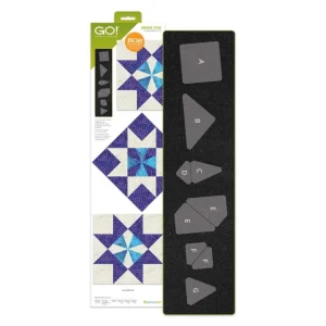 AccuQuilt GO! Enigma Star 10 inch Finished Quilt Block Die AQ55676 showing cutting shapes and finished star block