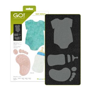 AccuQuilt GO! Baby Medley Die AQ55679 showing onesie, bottle, and footprint appliqué cutting shapes