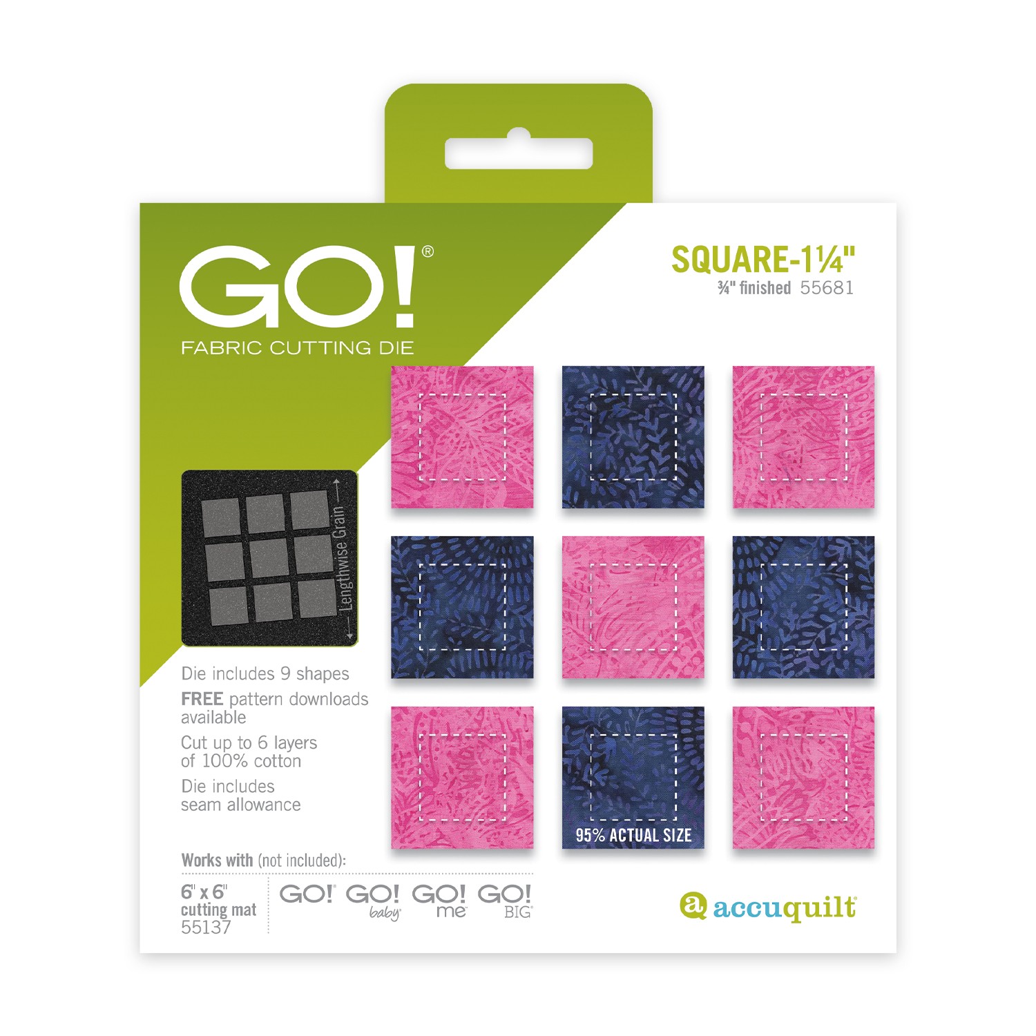 AccuQuilt GO! Square 1 1/4 inch Die AQ55681 showing nine cutting shapes for 3/4 inch finished pixel quilt squares.