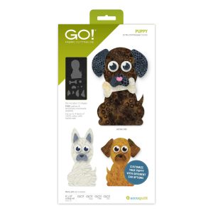 AccuQuilt GO Puppy Die 55686 with sample fabric dog appliqués and cutting layout