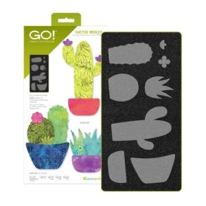 AccuQuilt GO! Cactus Medley fabric appliqués featuring colorful potted cacti, aloe, and flowers