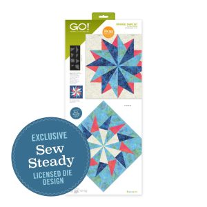 AccuQuilt GO! Pinwheel Shape Set 12 inch finished die board featuring 8 labeled geometric shapes and block design variations