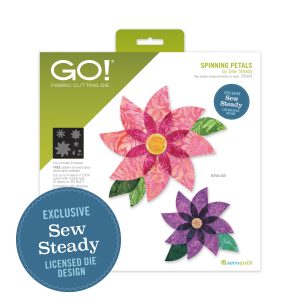 AccuQuilt GO Spinning Petals Sew Steady Die 55943 with cut flower shapes arranged in floral mandalas