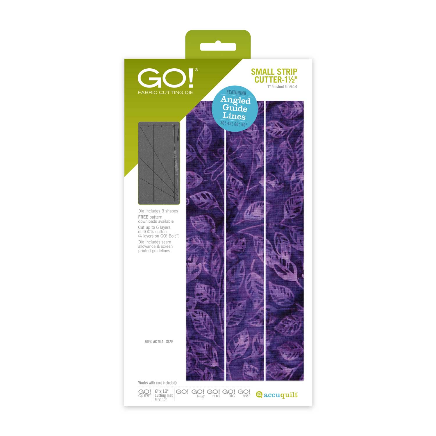 AccuQuilt GO Small Strip Cutter 1 1 2 inch 1 inch finished fabric die with angle guide lines
