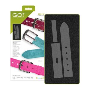AccuQuilt GO! Belt 1 1/2 inch finished die cut examples in teal and pink leather with silver buckles