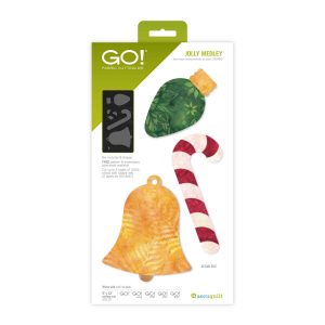 AccuQuilt GO! Jolly Medley Die cut appliqué shapes including a green light bulb, gold bell, and striped candy cane