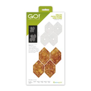 AccuQuilt GO English Paper Piecing Honeycomb 1 Inch Finished Die 55960 cutting fabric and paper shapes side by side