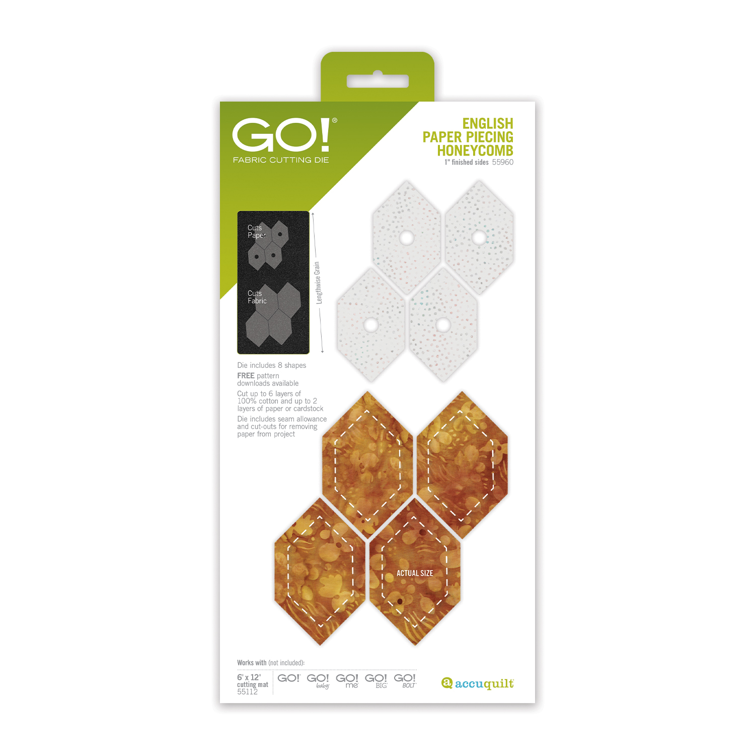 AccuQuilt GO English Paper Piecing Honeycomb 1 Inch Finished Die 55960 cutting fabric and paper shapes side by side