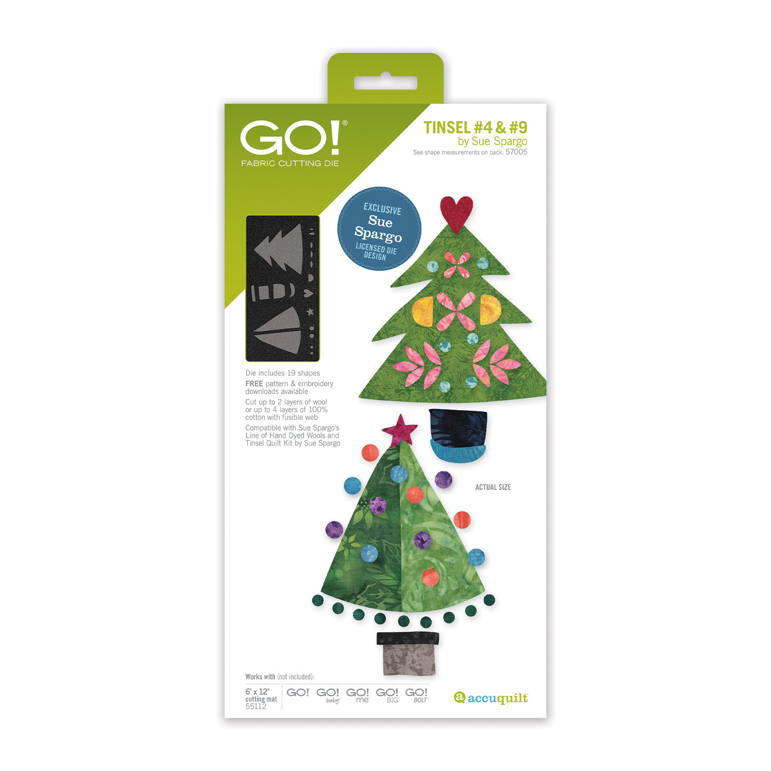 AccuQuilt GO! Tinsel #4 & #9 by Sue Spargo appliqué die featuring decorated Christmas tree designs